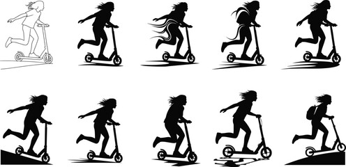 Dynamic Silhouette of a Girl Riding a Scooter with Various Poses and Motion Effects in a Minimalist Style