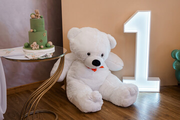 First Birthday Celebration with Teddy Bear and Cake: Pastel Theme, Gold Accents, Number One, Party...