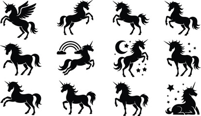 Magical unicorn silhouette vector set with fantasy themes, ideal for kids designs, stickers, fairy tale prints, and digital crafts. © Asha Creatives