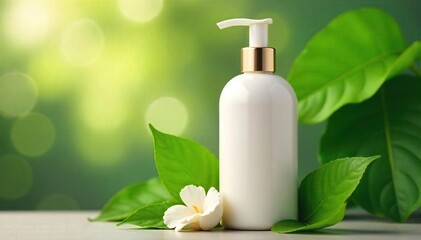Close-up of a luxurious lotion bottle with a pump dispenser, surrounded by lush green leaves and soft, natural light, evoking a sense of calm and self-care , skin, soothing, wellness