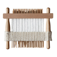 Close up of a small wooden weaving loom with white yarn being woven into fabric isolated on transparent background