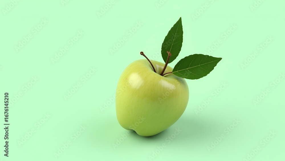 Poster bright and refreshing image of a green apple with leafy stem, displayed on a smooth mint background