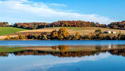 Serene Autumn Landscape with Reflection in Calm Water Body