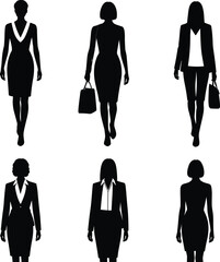 Silhouette Business Women Walking and Standing in Formal Office Attire with Handbags – Professional Female Vector Illustration Set