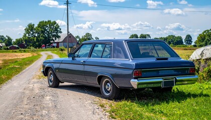 Classic Dark Blue Station Wagon on Country Road with Scenic View