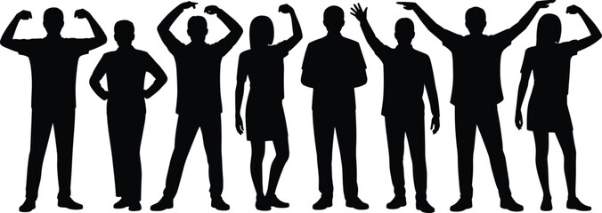 Silhouette group of diverse people in various poses, standing together, isolated on white background, perfect for teamwork and business concepts.