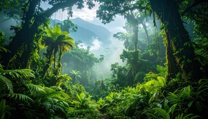 Obraz premium Lush Rainforest Landscape with Dense Foliage and Misty Background