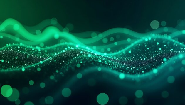 Green Flowing Particle Waves with Bokeh Effects and Dark Background