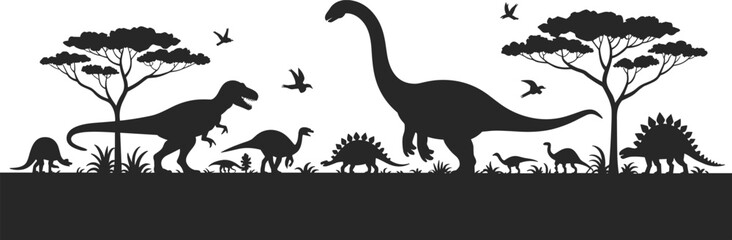 Silhouette of Dinosaurs in Prehistoric Landscape with Trees and Flying Birds - Dinosaur Vector Scene for Educational and Design Use