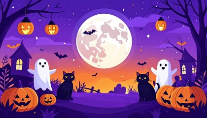 ハロウィンの夜、満月と黒猫とかぼちゃとゴーストのイラスト