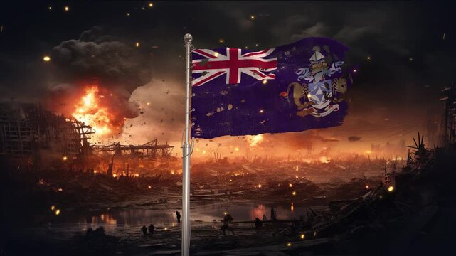 Tristan da Cunha flag waving in war is torn