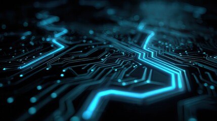A 4K photo of abstract glowing circuit board pattern with neon blue lines on black background, futuristic digital technology theme.