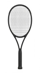 Front view of a full black modern tennis racket isolated on white background 9:16 ratio
