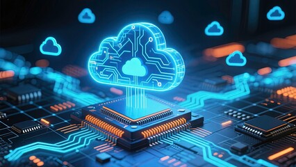 Digital cloud computing concept: a glowing holographic cloud cluster hovering above on circuit chip with a cloud-based big data analytics platform