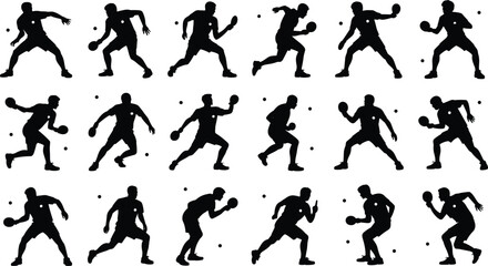 Silhouettes of table tennis players in dynamic poses, professional ping pong actions for sports vector design, illustration, and motion study.