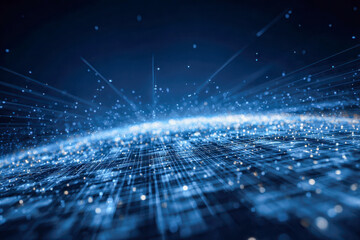 Futuristic abstract digital network with glowing blue lights representing data flow and connectivity in a high-tech environment with depth and motion blur effects