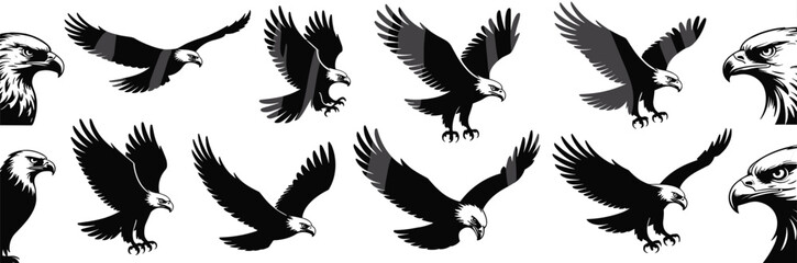 Stylized Bald Eagle Vector Silhouettes in Flight and Profile Views for Patriotic, Wildlife, Mascot, or Tattoo Design Themes