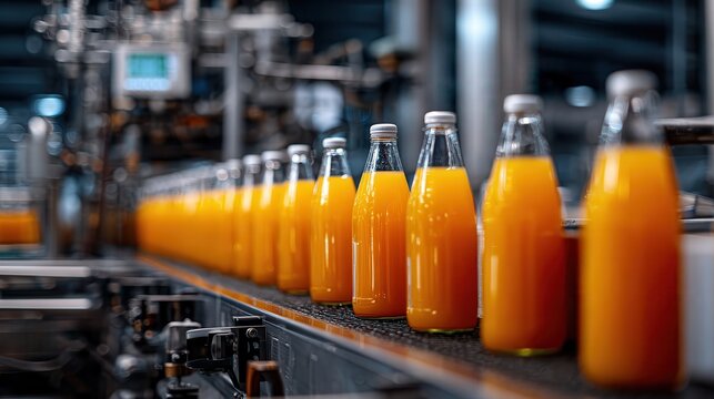 A 4K photo of row of orange juice bottles on a production line in a modern beverage factory with industrial machinery in the background.