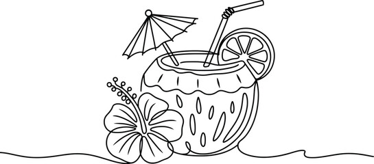 Obraz premium Tropical Coconut Drink Line Art with Hibiscus Flower and Umbrella.