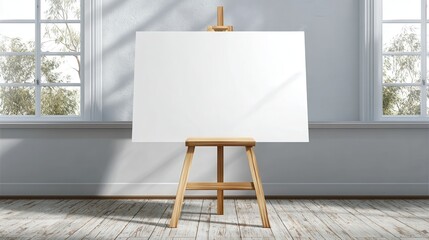 A 4K photo of white foam board poster on an easel front facing, blank, exhibition, presentation, marketing, standing.