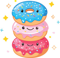 Stack of three cute and colorful donuts with sprinkles isolated on white background