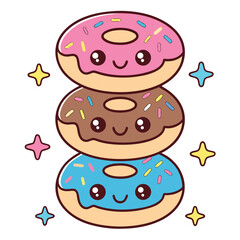 Stack of three cute and colorful donuts with sprinkles isolated on white background