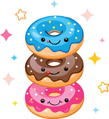 Stack of three cute kawaii donuts isolated on white background, a sweet and delightful treat for kids
