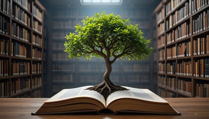 World philosophy day concept with tree of knowledge planting on opening old big book in library full of textbook.