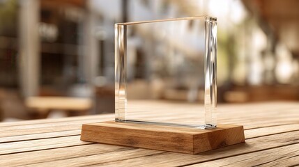 Blank square glass trophy mockup, 3d rendering. Empty acrylic award design mock up. Transparent realistic crystal prize plate template. Premium first place prize plaque, Wooden.