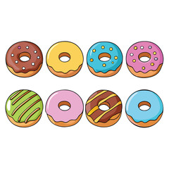 A collection of eight colorful cartoon donuts with different toppings isolated on white background