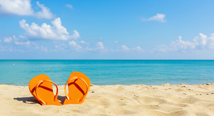 Orange flip flops in sand with turquoise sea and sky.