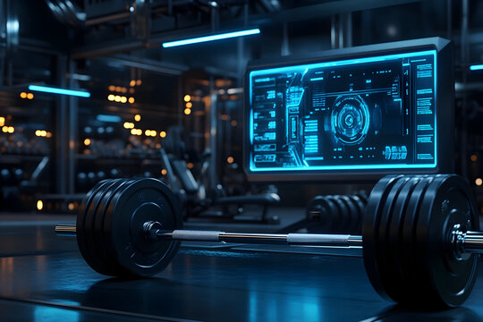 Futuristic fitness gym with advanced technology and sci fi ambience