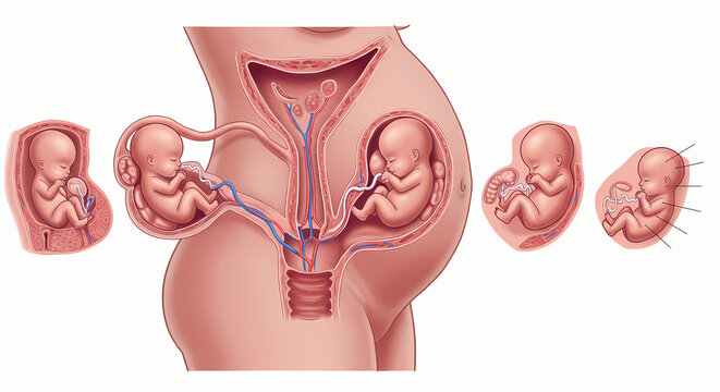 Human pregnancy showing fetal development stages and anatomy in a medical illustration