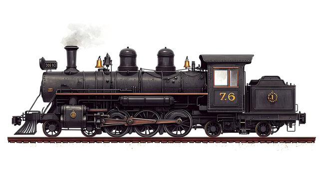 Detailed side view of vintage black steam locomotive for historical railway design