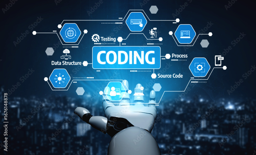 Aufkleber a futuristic robotic hand interacts with coding concepts in a digital space, highlighting innovation