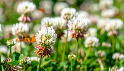 Fototapeta premium Beautiful Blooming White Clover Flowers in Sunlit Meadow Scene