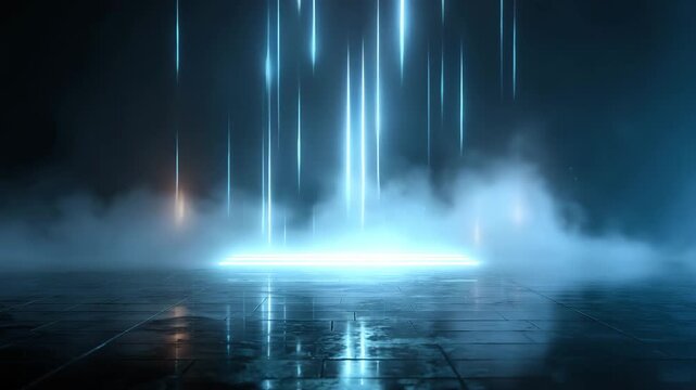 Futuristic neon light stage with glowing beams and smoke