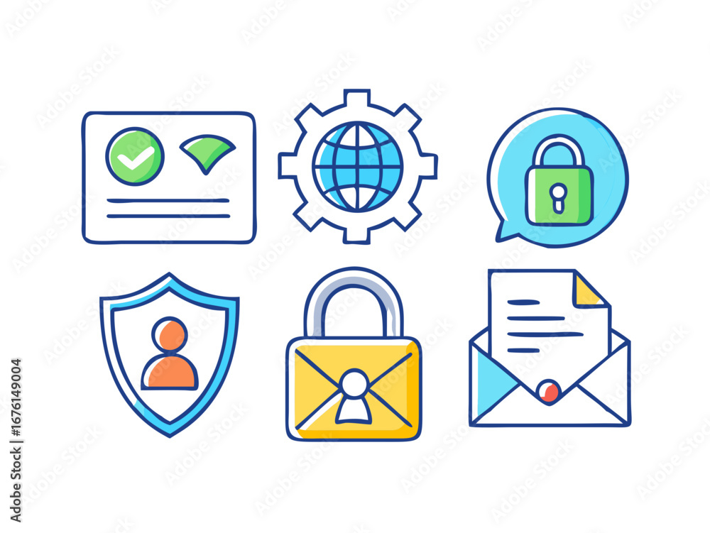 Poster collection of security and privacy icons with a modern flat design style