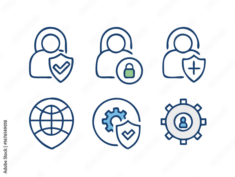 Aufkleber collection of security and user management icons with a modern outline style