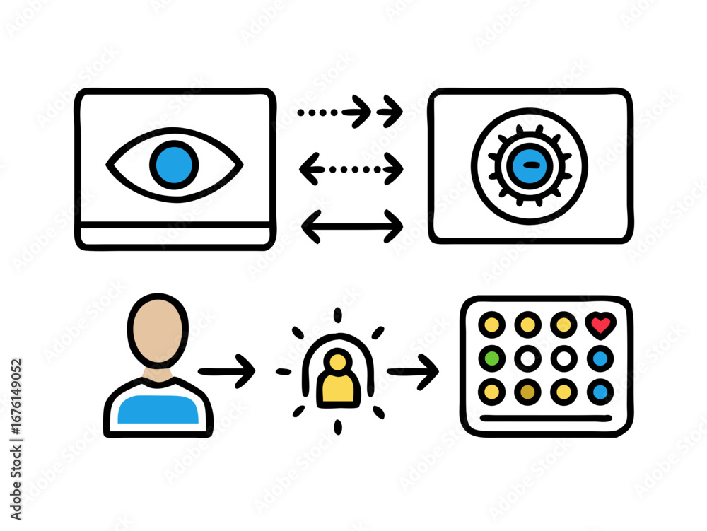 Poster conceptual illustration of a person interacting with a digital interface and data points