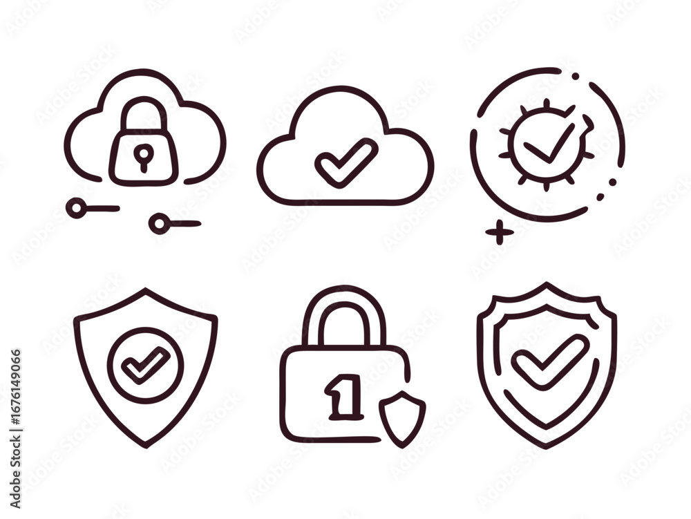 Poster cybersecurity and data protection icons with locks and shields