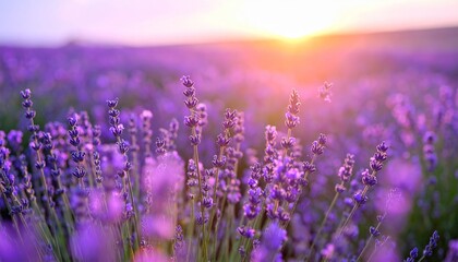 Obraz premium Sunlit Lavender Field with Purple Blooms at Golden Hour