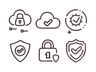 Cybersecurity and data protection icons with locks and shields
