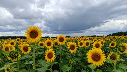 Obraz premium Vibrant Sunflower Field Under Dramatic Cloudy Sky in Summer