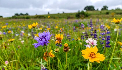 Fototapeta premium Colorful Wildflower Meadow Under Overcast Sky in Springtime