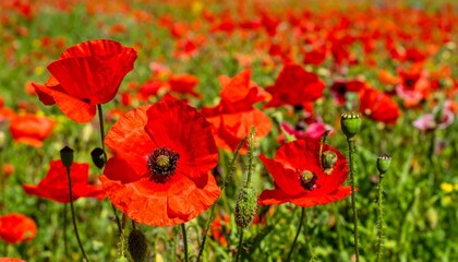 Fototapeta premium Vibrant Red Poppy Flowers in a Lush Green Meadow Background