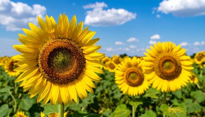 Obraz premium Bright Sunflower Blooms in Field Under Clear Blue Sky with Clouds