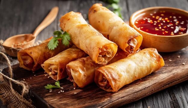 Fried spring rolls and sweet and sour sauce on wooden table.
