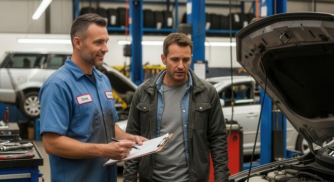 A mechanic with a clipboard talks to a client in a garage next to a car with the hood up
