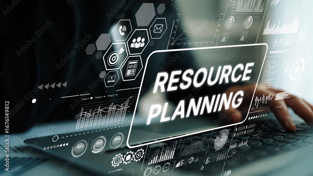 Poster modern digital resource planning interface with data visualization and technology elements for busin